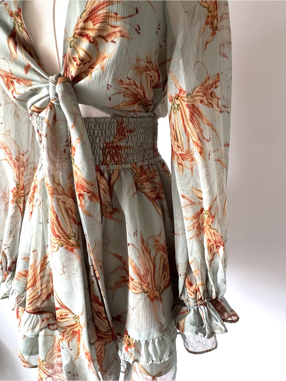 Hello Molly Sage Chiffon Tie-Front Mini Dress | XS / US 2 Like New - Picture 3 of 6